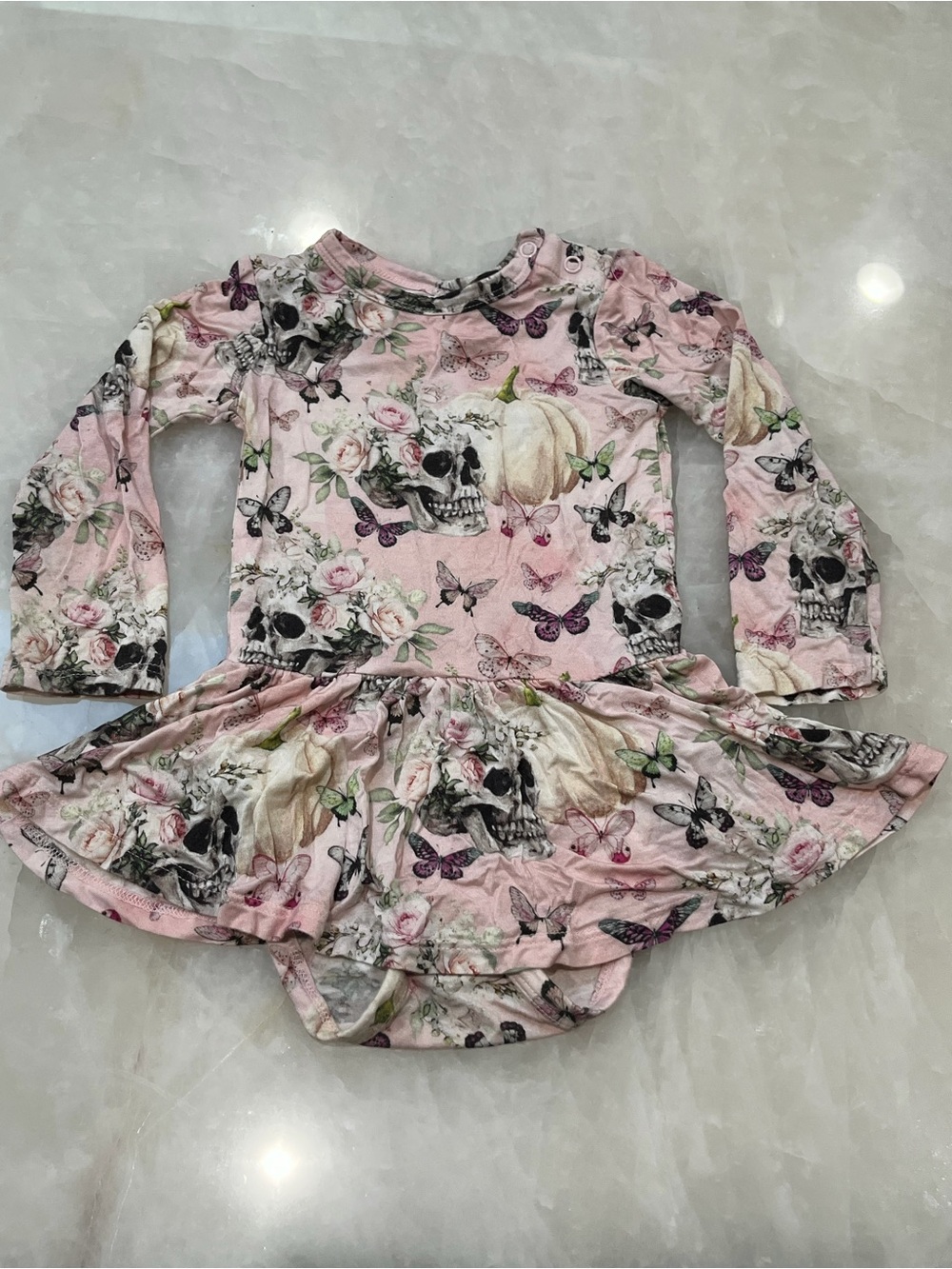 Posh Peanut Pink Floral & Skull Long Sleeve Baby Dress twirl